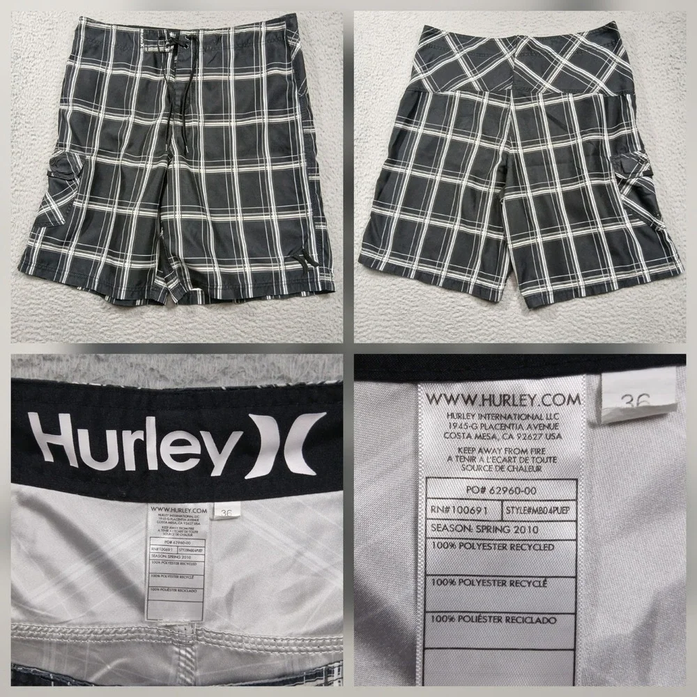Hurley Boardshorts Mens 36‎ Black White Plaid Surf Swim